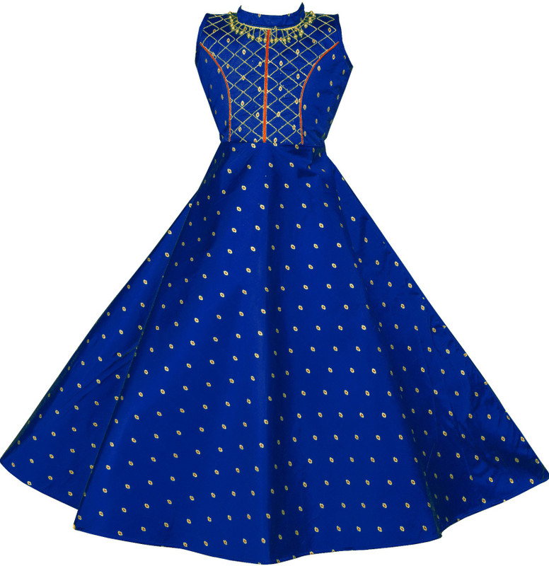 online cloth khazana Girls Maxi/Full Length Party Dress(Blue, Sleeveless)