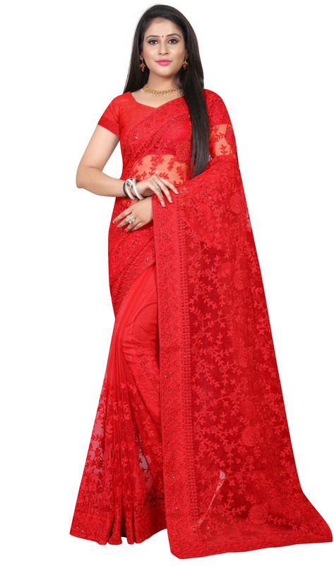 nine sister Embellished Bollywood Nylon Saree(Red)