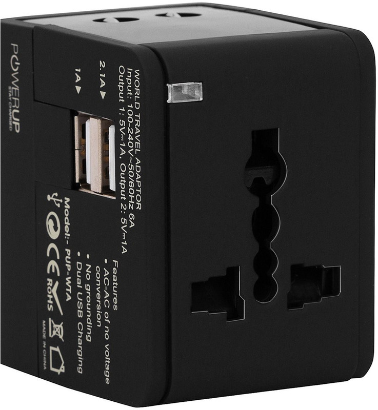 powerup stay charged Dual USB Ports Adapter Plug BIS Certified All-in-One UK/AU/US/EU/IND Worldwide Adaptor(Black)