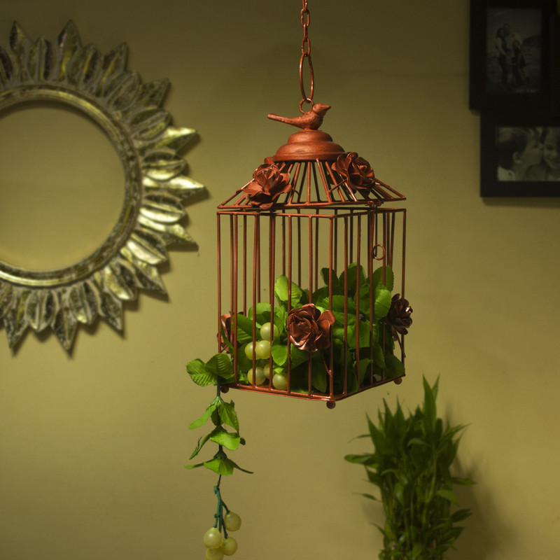 Flipkart SmartBuy Decorative Hanging Bird Cage Lantern , Balcony/Patio Planter cage/hanging Candle holder, Copper Brown Metal Hanging Lantern(31 cm X 16 cm, Pack of 1)