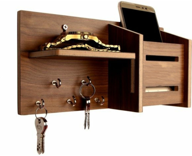 pixlogik studio wooden wall shelf cum key holder Wooden Wall Shelf(Number of Shelves - 2, Brown)