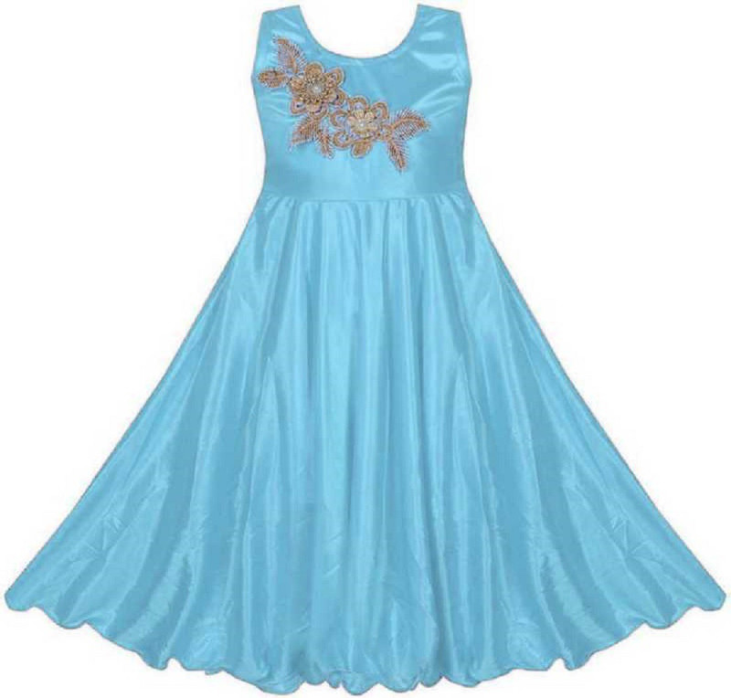 online cloth khazana Girls Maxi/Full Length Party Dress(Light Blue, Sleeveless)