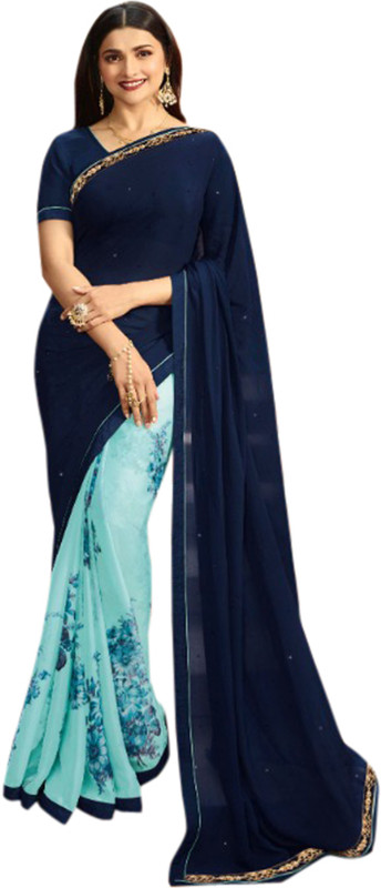 shopivatestore Printed Bollywood Georgette Satin Blend Saree(Dark Blue)