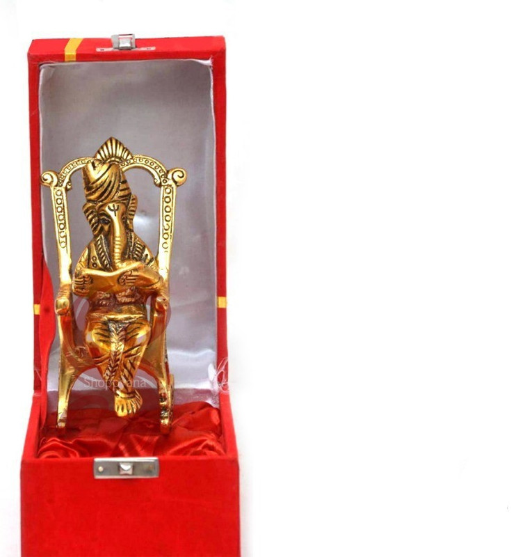 shoppyana Lord Ganesha Sitting On A Chair, Ganesha Statue for Home Decor, Decorative Showpiece  -  13 cm(Brass, Gold)