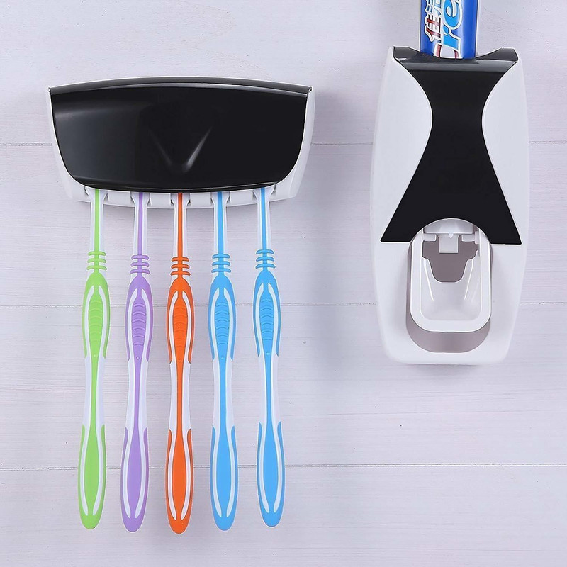 osious Toothpaste Dispenser With 5 Toothbrush Holder Set Plastic Toothbrush Holder(Black, White, Wall Mount)