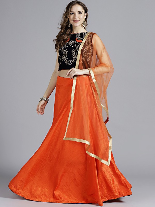 Chhabra 555 Embellished Stitched Lehenga, Choli and Dupatta Set(Orange)