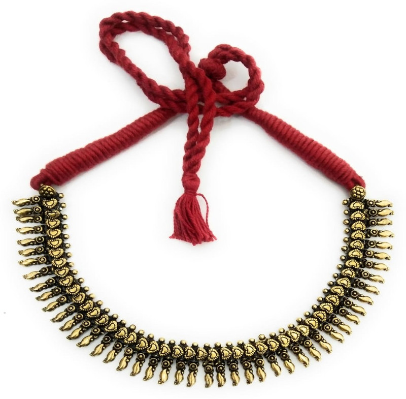 athizay Oxidised Gold Necklaces Antique Finish Red Thread Choker Golden Beads Thread Women Fashion Jewellery Brass Choker