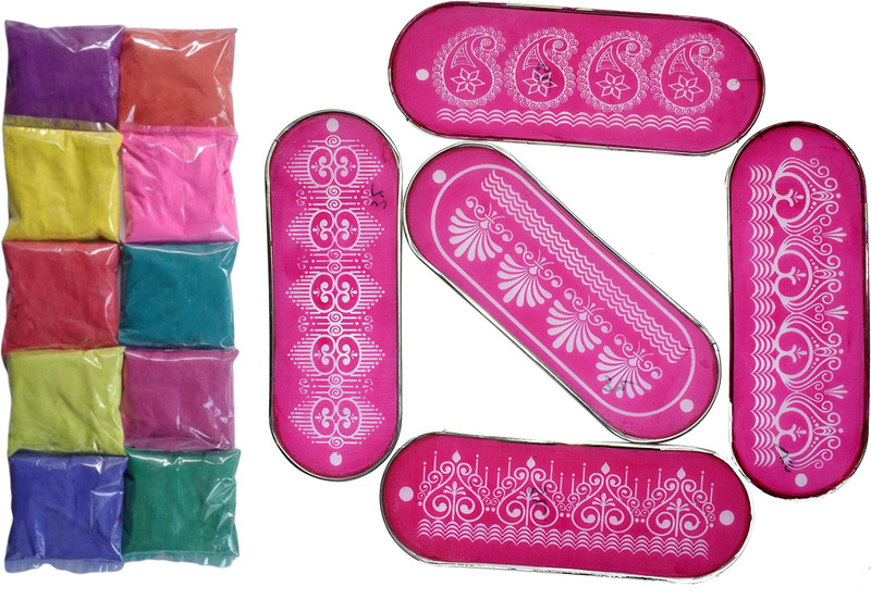 oramsa combo of 10 Rangoli colours ( 50 grams each) and 32X12" Five Rangoli Stencil