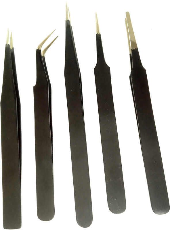 inditools 5 Pcs Non Magnetic Straight & Curved Tips Tweezers