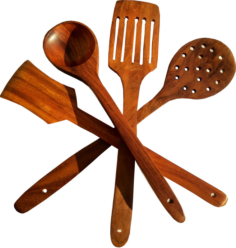 SRE Premium Non Chemical Wooden Spatula Non Stick Cooking Spoons Set of 4 Kitchen Tool Set(Brown, Spatula, Ladle, Cooking Spoon)