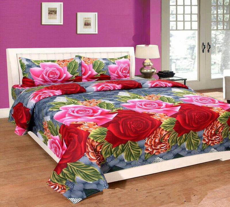 VHD Polycotton Double Flat 200 TC Printed 1 Bedsheet with 2 Pillow Covers(Red)