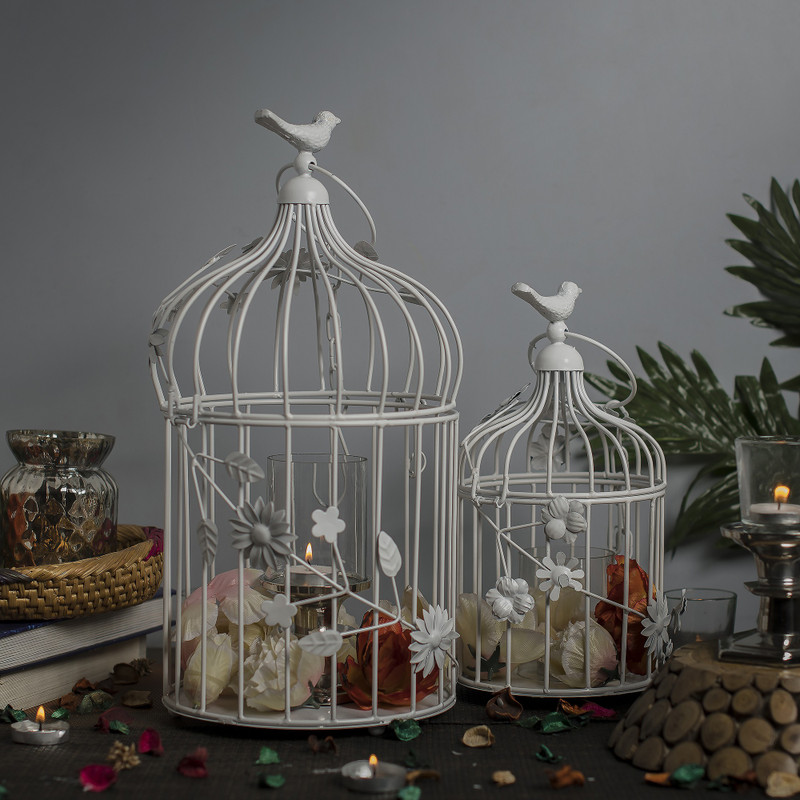 Flipkart SmartBuy White Bird Cage with Floral Vine (Set of 2), with hanging chain Lantern White Iron Hanging Lantern(45 cm X 20 cm, Pack of 2)