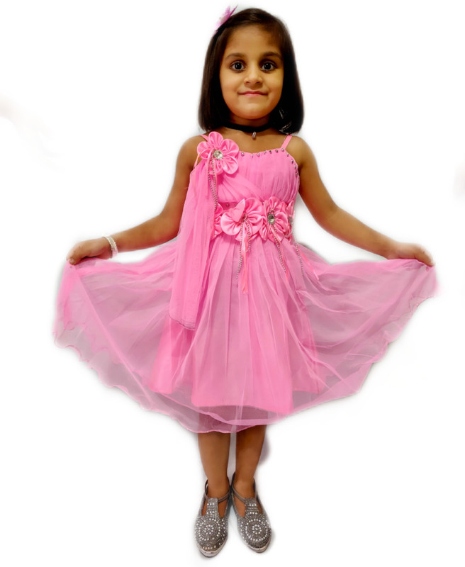 fab fashions Girls Midi/Knee Length Party Dress(Pink, Sleeveless)