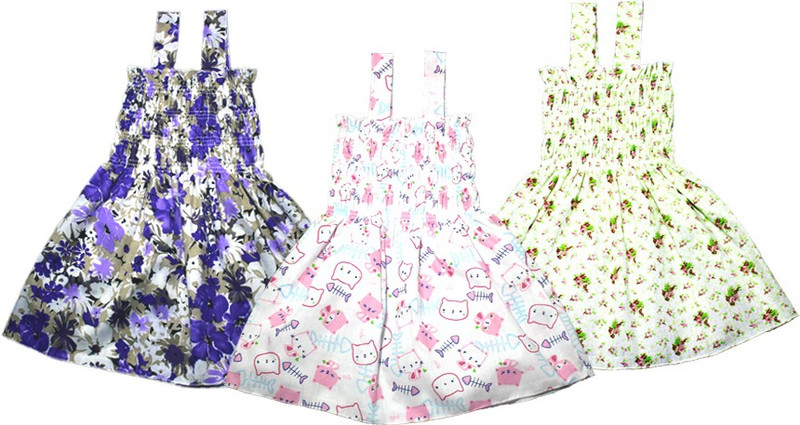 cute kitty Baby Girls Party Organic Cotton Blend A-line Top(Multicolor, Pack of 3)