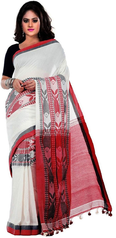 happy creation Woven Tant Khadi Cotton Saree(White)