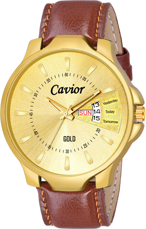 cavior New Men Attractive Gold Dial Day And Date Analog Watch CAV-31DDL-GB-M New Men Party Wear Attractive Gold Round Dial Day And Date Display Leather Strap Water Resistant Analog Watch- For Men Analog Watch  - For Men