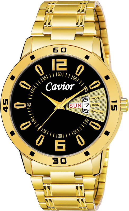 cavior CAV-054DDC-BG-M Black Round Dial Polish Gold Metal Day And Date Display Watch CAV-054DDC-BG-M Black Round Dial Stainless Steel Gold Polish Day And Date Analog Watch-For Men Analog Watch  - For Men