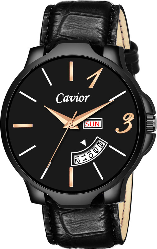 cavior Mens collection black dial leather strap wrist Analog Watch CAV-29LM-BB Men/Boys New Exculsive Collection Round Black Dial Leather Strap Day and Date Water Resistant Wrist Analog Watch- For men Analog Watch  - For Men