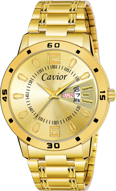 cavior CAV-09-GGCD Round Gold Dial Stainless Steel Special Gold polish Day & Date Display Analog Watch Round Gold Dial Special Gold Polish Stainless Steel Day And Date Display Analog Watch  - For Men