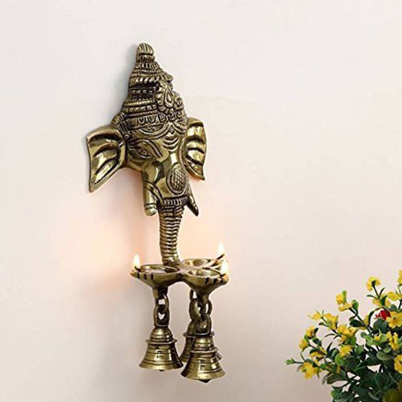 YES I CAN Brass Ganesha Wall Hanging Puja Idol Oil Lamp Three Diyas and Bells 9inch Brass Hanging Diya(Height: 9.5 inch)