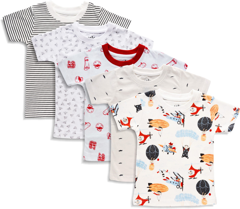 x2o Boy's & Girl's Printed Cotton Jersey T Shirt(White, Pack of 5)