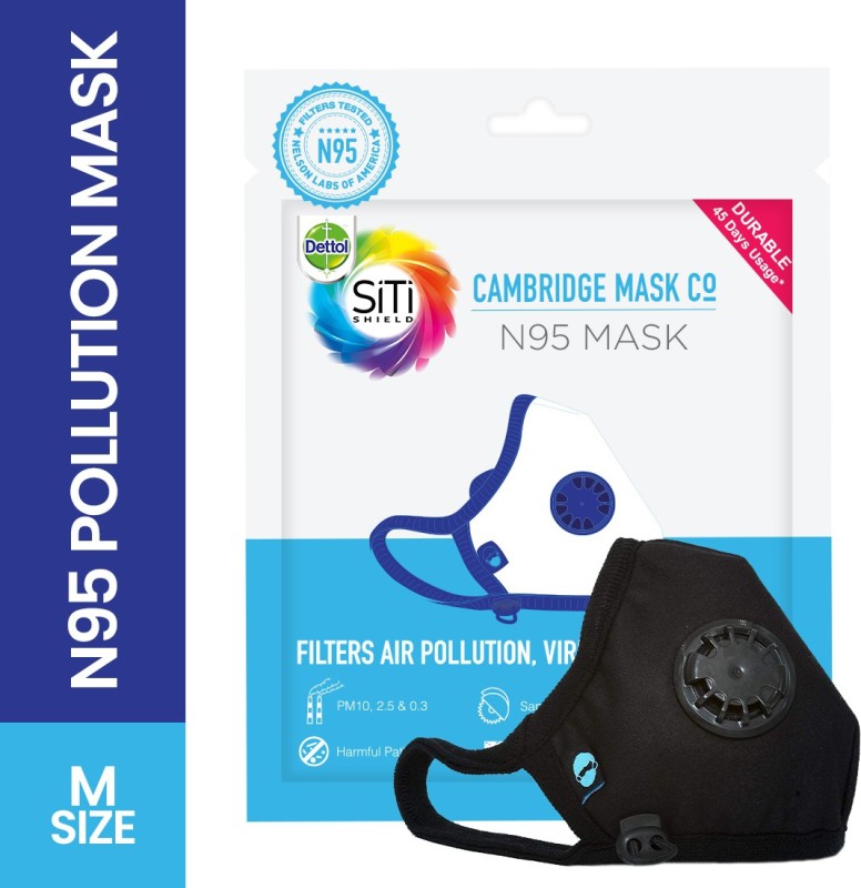 Dettol Pollution Mask N95 (Black, Medium) Reusable, Washable, Durable, Protection against air pollution, dust, pollen Cambridge Mask