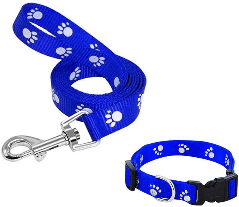 Jainsons Pet Products Paw Print Dog Puppy Nylon Leash Collar Set Combo for Small Breed Dog, Puppy Leash Collar Set 140 cm Dog Strap Leash(Blue)