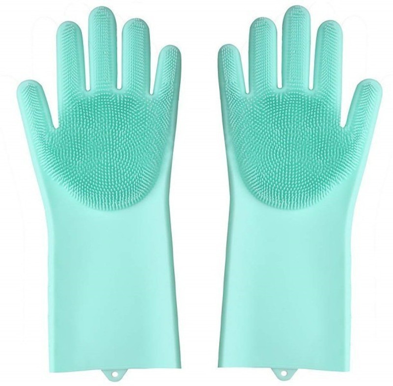 saisaien Silicon Gloves with Wash Scrubber Reusable Heat Resistant Kitchen Tool for Cleaning Wet and Dry Glove(Free Size)