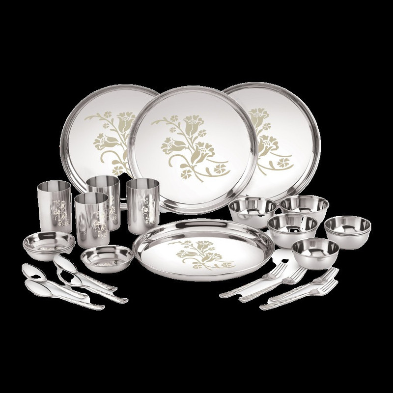 uddhav gold Uddhav Gold Collection Stainless Steel Heavy Classic Touch 28 pcs Dinner Set (Weight 5 kg) (28) Pack of 28 Dinner Set(Stainless Steel)