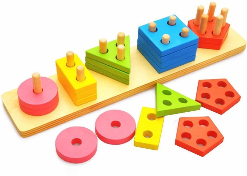 jeaah Wooden Stacking Toys Shape & Color Recognition Geometric Board Block Stacking Sorting Puzzle Toys for Kids(Yellow)
