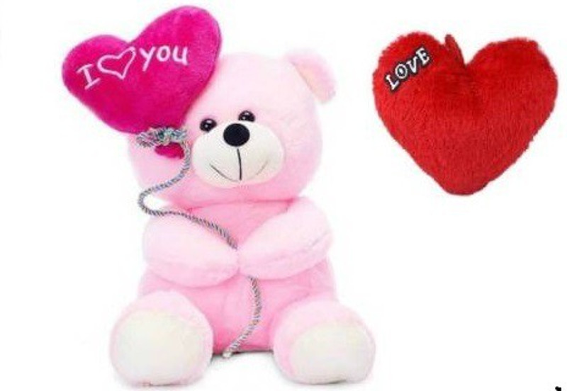 gift Combo Offer Pack of Two Pink Balloon Teddy Bear with I Love you heart & Small Red Heart - 22 cm (Pink, Red)  - 22 cm(Pink)