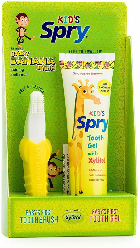 fajal enterprise Brush and Tooth Gel with Xylitol Kit (2 oz Strawberry Banana)(Multicolor)