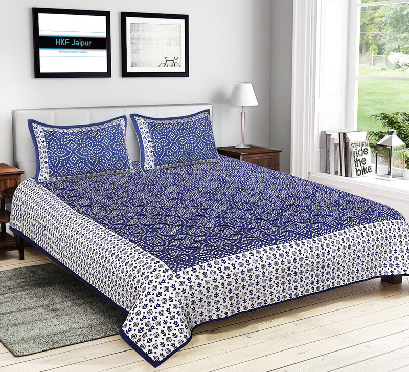 hkf 300 TC Cotton Double Printed Bedsheet(Pack of 1, Blue)