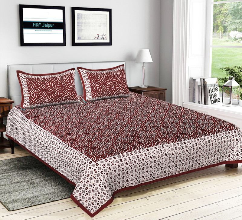 hkf 300 TC Cotton Double Printed Bedsheet(Pack of 1, Red)