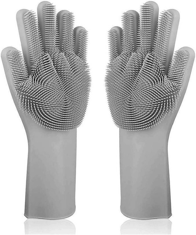 small candy Magic Reusable Silicone Household Gloves with Wash Scrubber, Dish Washing, Microwave Anti-Scald Gloves (Gray) Wet and Dry Glove(Free Size)