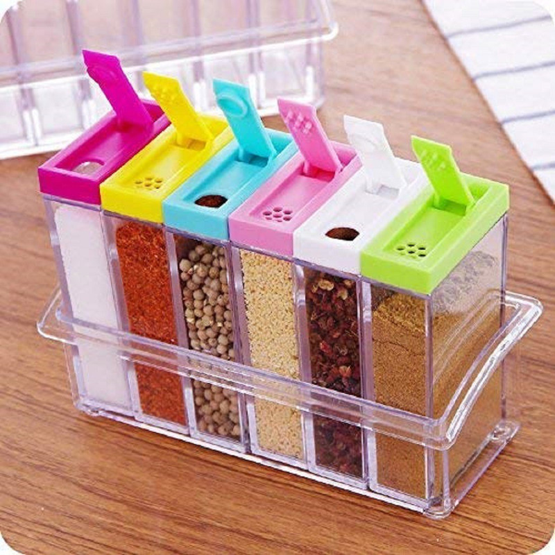 sandip Crystal Seasoning Spice Rack 6 Lid Container Set 1 Condiment Set (Plastic)  - 5 ml Plastic Grocery Container, Fridge Container, Oil Container, Utility Box, Tea Coffee & Sugar Container, Spice Container, Pickle Container & Salt Pepper Container, Milk Container(Multicolor)