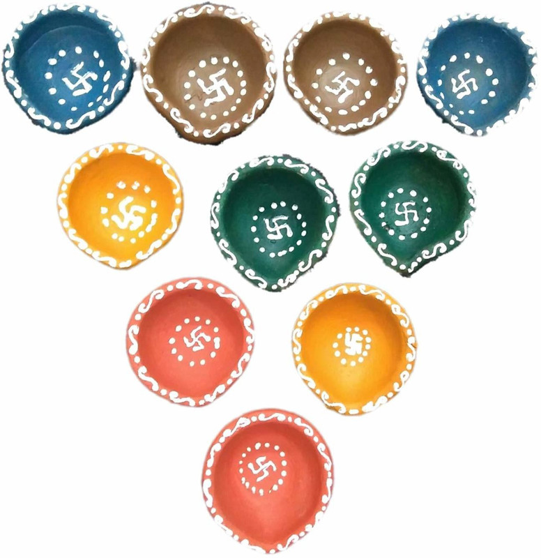 budsnbeau Shopeease™ Colorful Diwali Diya for Decoration | Mitti Diya for Puja | Designer Diwali Diya Oil Lamp | Diya for Pooja (Set of 50) with Free 1 Big Diya + Swastik sticker + Cotton Wick + Roli + Moli - D2 Terracotta (Pack of 10) Table Diya(Height: 2.5 inch)