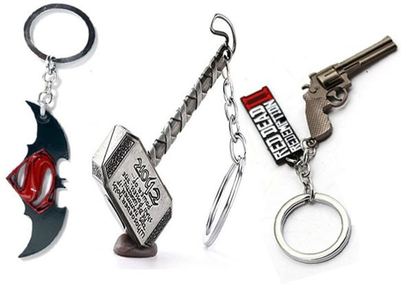 fashion fx Thor Hammer, Batman v/s Superman & Red Dead Gun Keychain Combo (Pack Of 3) Key Chain