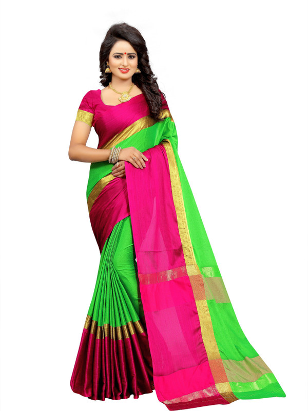 tina fashion Color Block Fashion Cotton Silk Saree(Green, Pink)