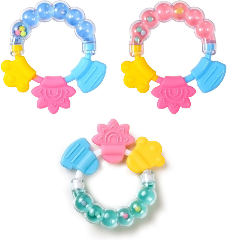 Mahikrite Baby Rattles Teether Toys, Grasping Toy Sensory Teething Rattle, Boiled Disinfection for Infant Newborn Baby Toddler (Pack of 3) Teether(Pink+Green+Blue)