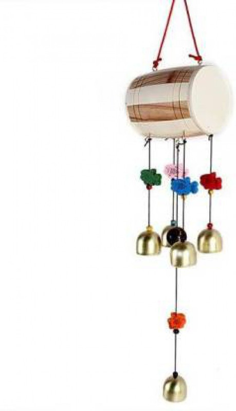 shanol Dhol Shaped Wooden Windchime  (12 inch, Multicolor) for home decoration and office, garden, balcony, enterance decoration. 6 steel bell, 6 mini colour fish and 1 wooden dhol on top, also a vastu wind chime for possitive energy and good luck for home decoration good sound quality Wood, Steel W