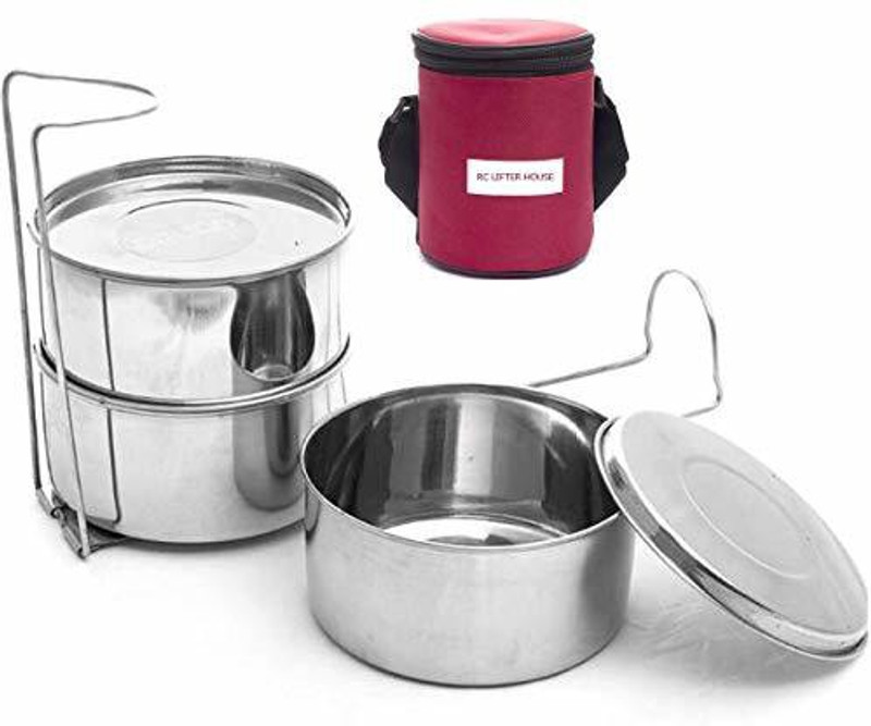 rc Stainless Steel 3 LIFTER Container Lunch Box with Bag | Steel Lunch Box/School 3 Containers Lunch Box(300 ml)