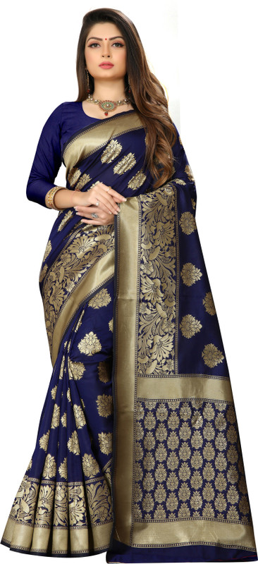 guru alankar Printed Banarasi Cotton Blend, Polycotton, Art Silk, Poly Silk Saree(Dark Blue, Gold, Blue)