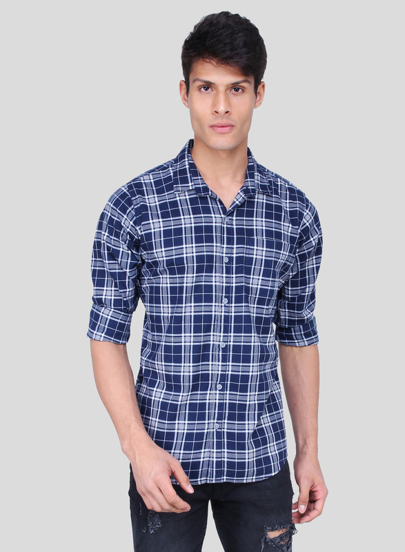 green revolt Men Checkered Casual Dark Blue Shirt