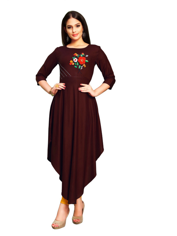 krisha print Casual Embroidered Women Kurti(Brown)