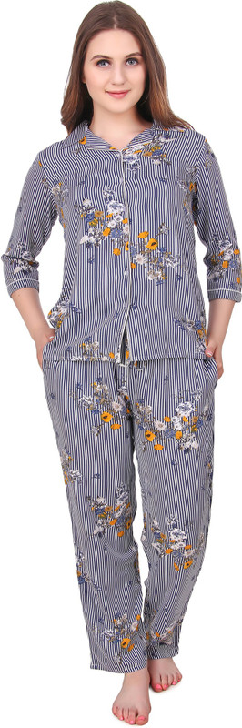hapshap Women Striped Blue Shirt & Pyjama set