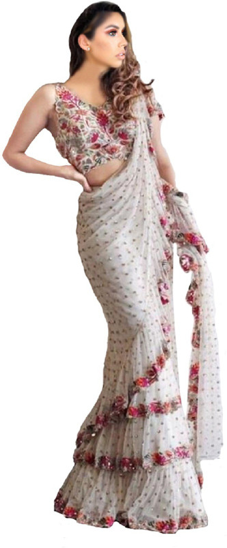 khoosanta Embroidered, Applique Fashion Poly Georgette Saree(White)
