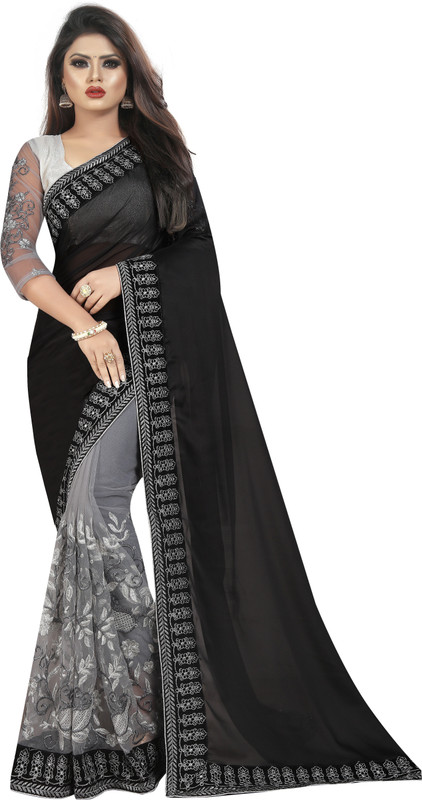b bella creation Embroidered Bollywood Cotton Blend, Poly Georgette Saree(Black)