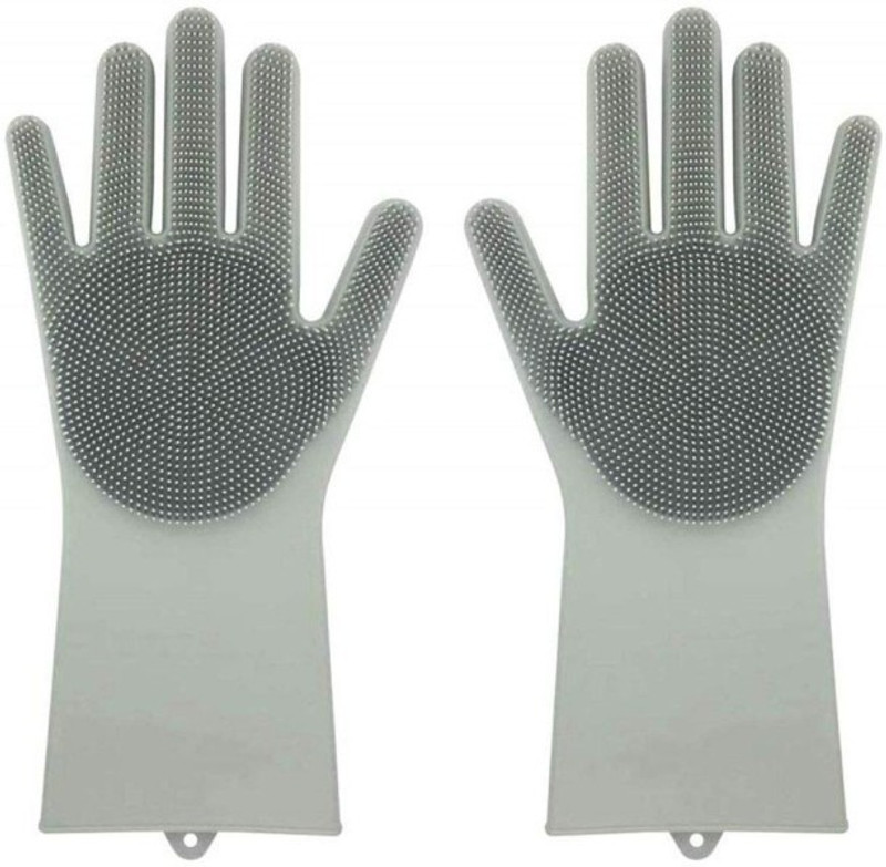 saisaien Silicon Gloves With Brush Scrubber Heat Resistant Perfect for Fruit Wash, Dish Wash Wet and Dry Glove(Free Size)