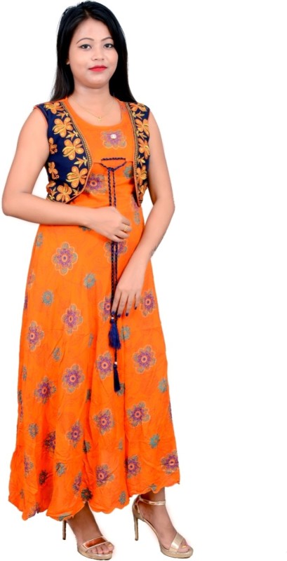 AMIR TEXTILES Women Printed Flared Kurta(Orange)